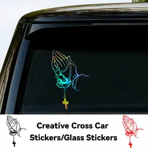 Waterproof Personalized Cross Prayer Gesture Car Sticker Rear Window Body Decoration Sticker, Sincere Believer,General Cars Stickers,Personalized Decorative Stickers For Automobiles,Rearview Mirror Sticker
