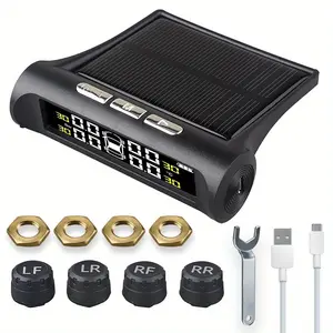 Solar Powered Tire Pressure Monitoring System With 4 External Sensors TPMS  Powered, LCD Digital Color Screen, Tire Monitor For Car tire pressure Auto Parts