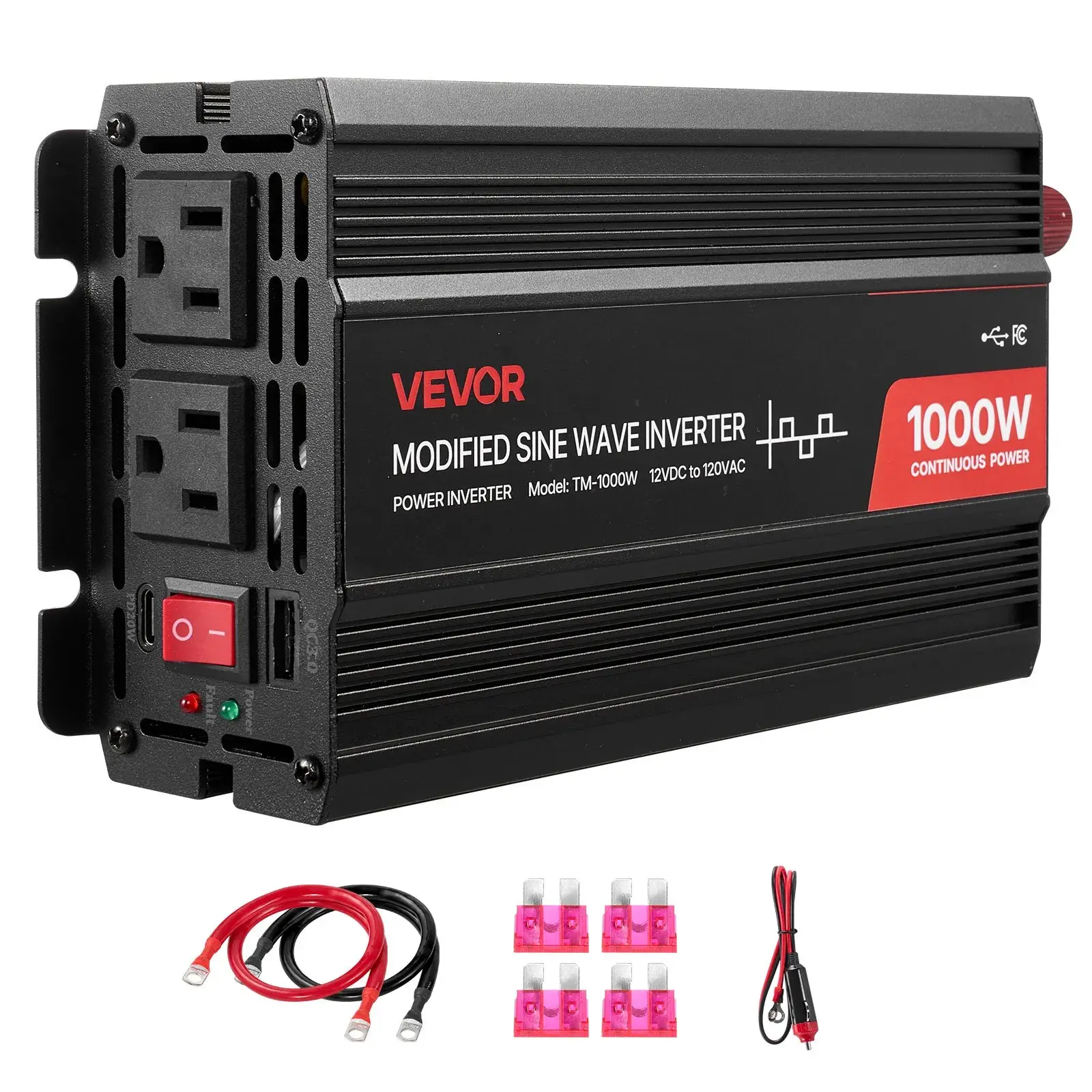 【summerfinds】VEVOR 1000W Power Inverter, 12V DC to 120V AC Modified Sine Wave Inverter, Car Charger Converter with USB & Type-C Port, 2 AC Outlets, LED Indicator Light, Ideal for RV, Truck Outdoor Camping 