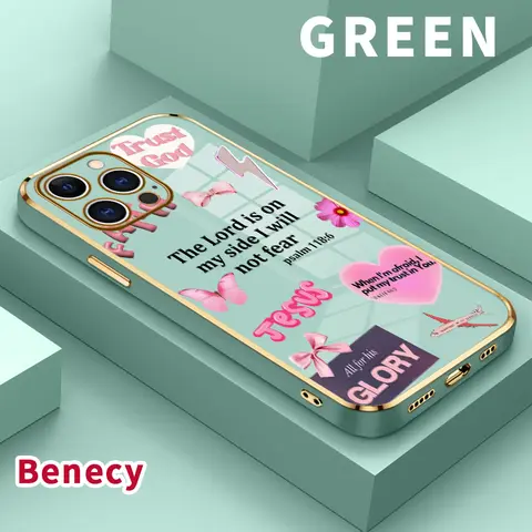 Electroplated Metallic Edge Casing for iPhone 11-17,14 Plus,15 Plus,15 Pro Max,16 Air - Soft TPU Silicone Cellphone Handheld Accessory for Women, Anti-Fall, Dirt-Resistant, Easy to Clean, Gold-Edge Christian Faith Over Fear Psalm Design Protector