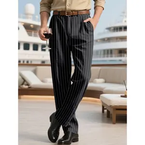 Men's Spring and Autumn New Linen Casual Pants, Breathable Loose Simple Striped Straight Leg Pants, Comfortable for Daily Wearing
