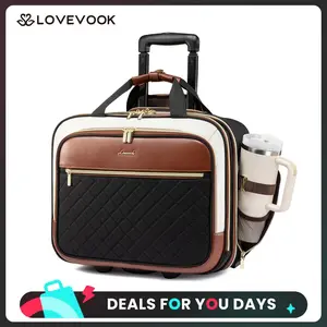 LOVEVOOK Rolling Laptop Bag Women, 17.3 Inch Laptop Briefcase with Wheels, Soft Sided Underseat Carry On Luggage Personal Item Suitcase for Work Travel Business, Black Brown