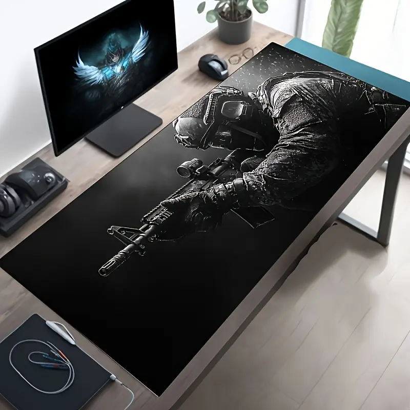 Large Tactical Soldier Design Gaming Mouse Pad - Non-Slip Rubber Base, Smooth Surface, Black with Blue Armor Pattern, Desk Accessory for Gamers & Office Use