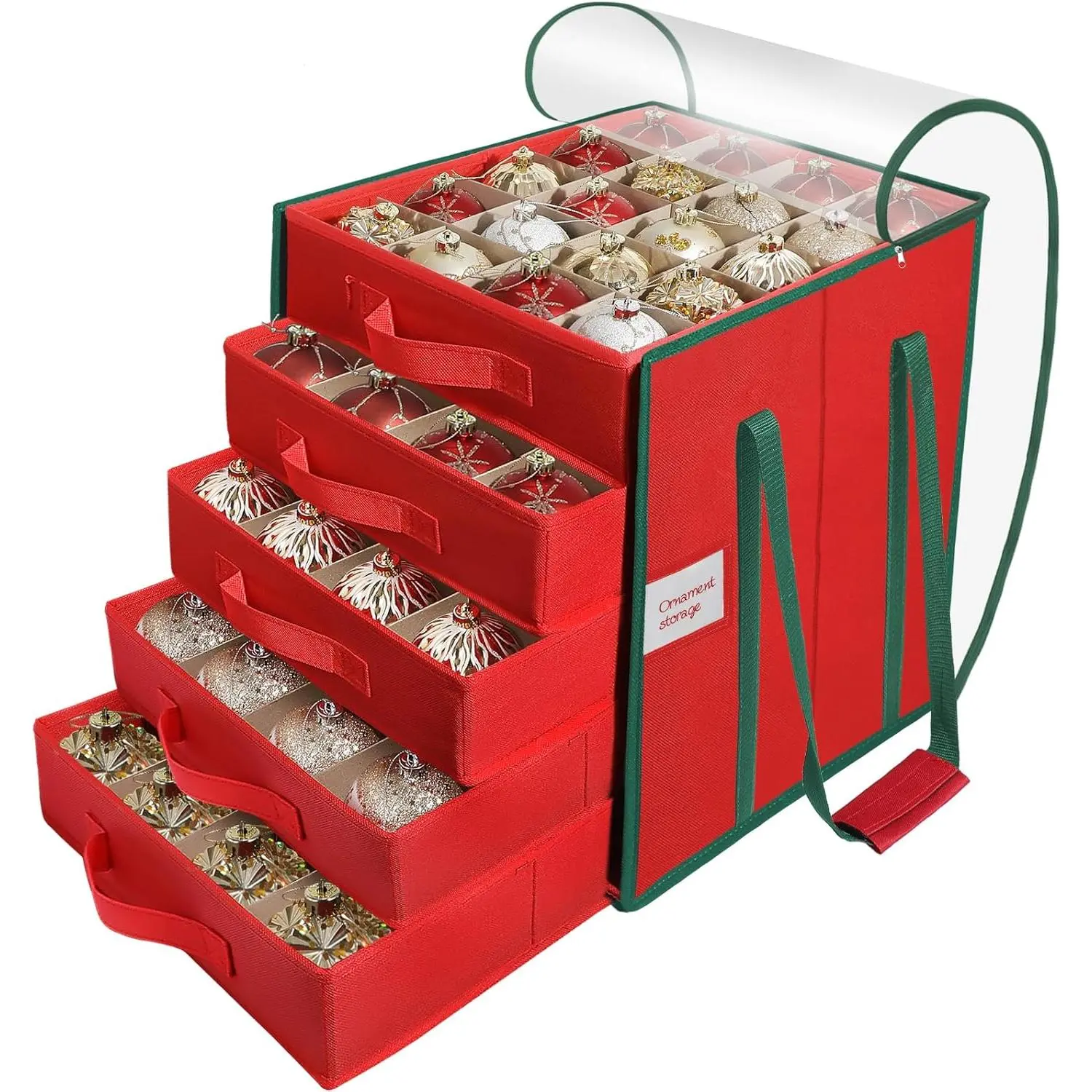 Rectangle Christmas Ornament Storage Box - 600D Oxford Fabric Organizer Bin with 5 Individual Trays, Adjustable Dividers, Stores Up to 100 3-Inch Ornaments, Portable, No Damage Risk to Protect and Store Holiday Décor
