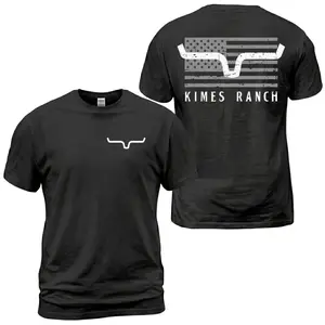 Kimes Ranch American Flag Bull Horn T-Shirt, Distressed USA Back Print Tee, Western Patriotic Ranch Graphic Shirt, Country Cowboy Style, Casual Cotton for Men and Women