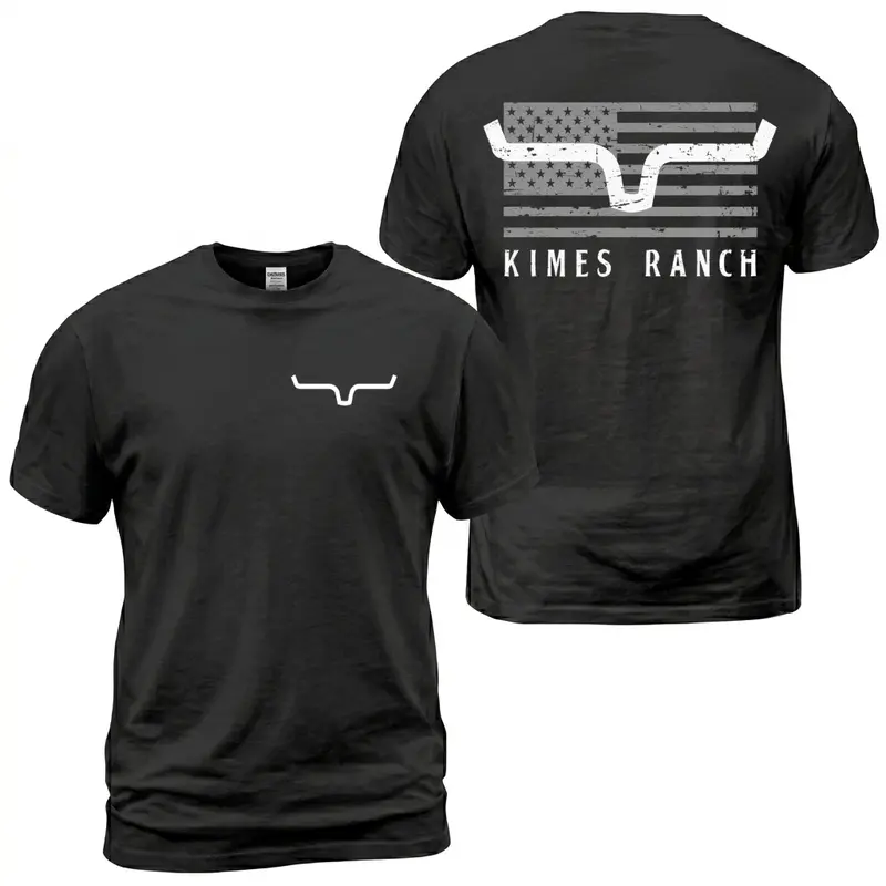 Men's Oversized 2-Sided Print Crew Neck Western Graphic Tees - Soft Lightweight Slight Stretch Cotton Fabric, Vintage Distressed Bull Horn American Flag, Black Minimal Country Ranch Wear, Gift for Patriotic Lovers (Fitted Wide Range T-Type Tops)