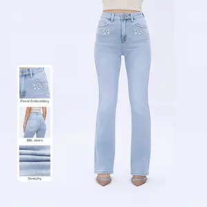 BlueMoment Bloomie Floral Embroidery Jeans for Women Mid-High Waist High Stretch Bootcut Denim Straight Leg