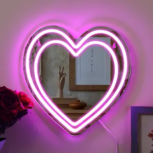 Heart Neon Mirror LED Light Pink Wall Art Mirror for Makeup Vanity – Great Gift for Christmas