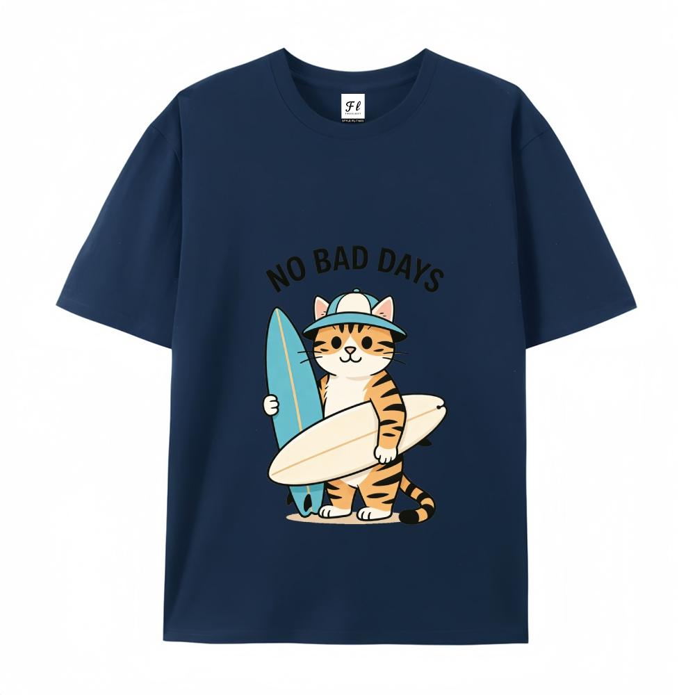 No Bad Days Surfing Cat Graphic Print Tee Oversized Short Sleeve Unisex T-Shirt with Cartoon Pattern and Drop Shoulder Design Crewneck Top Menswear