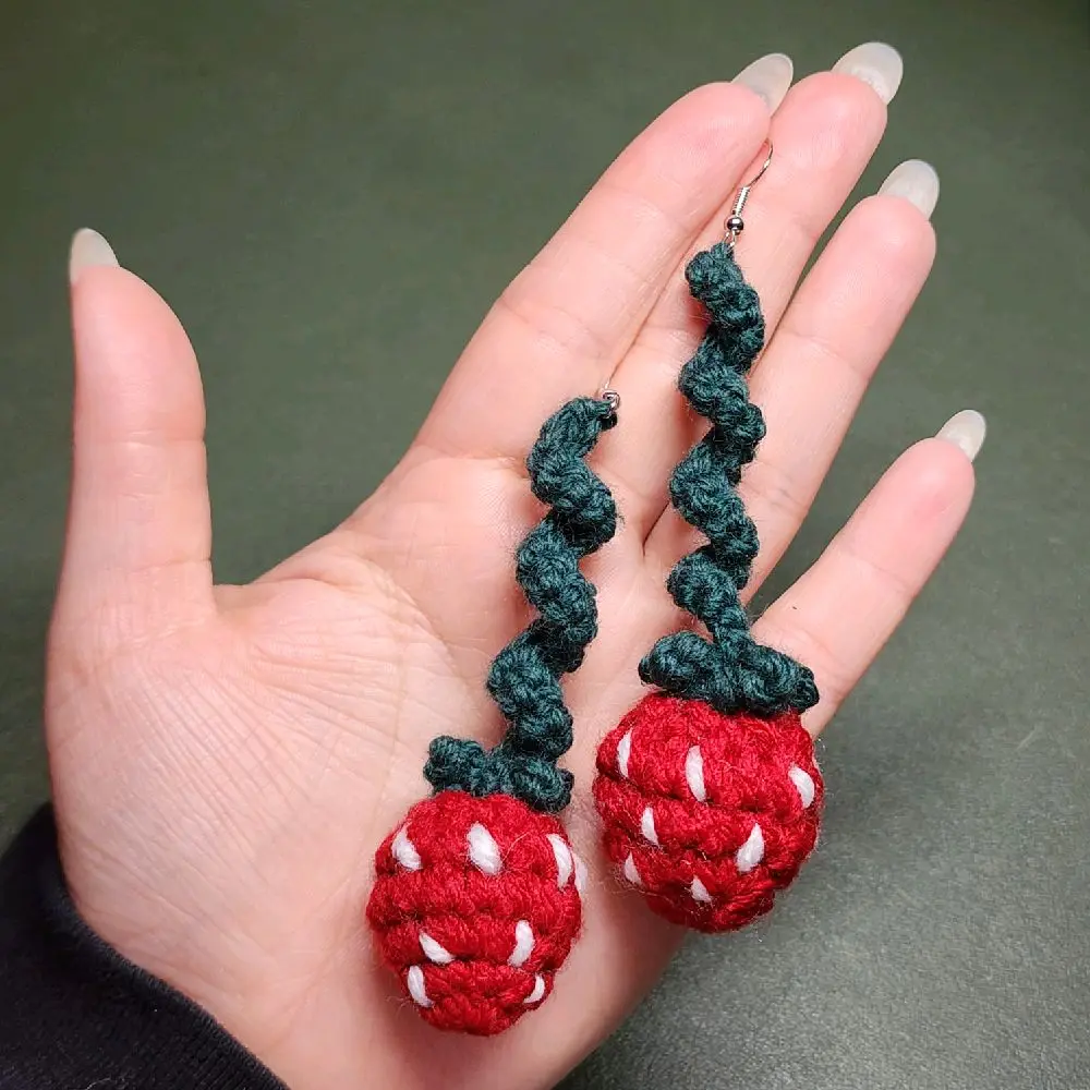 Crochet Strawberry Earrings With Long Curly Vine