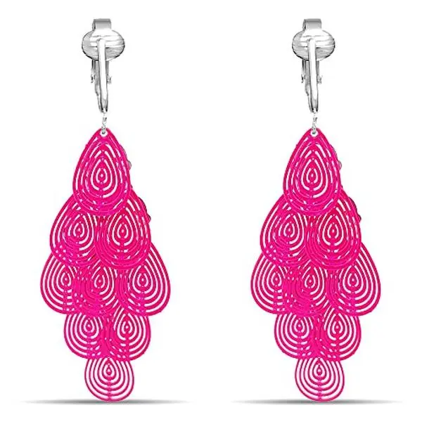 Hot Pink Layered Teardrop Swirls Clip On Dangling Earrings