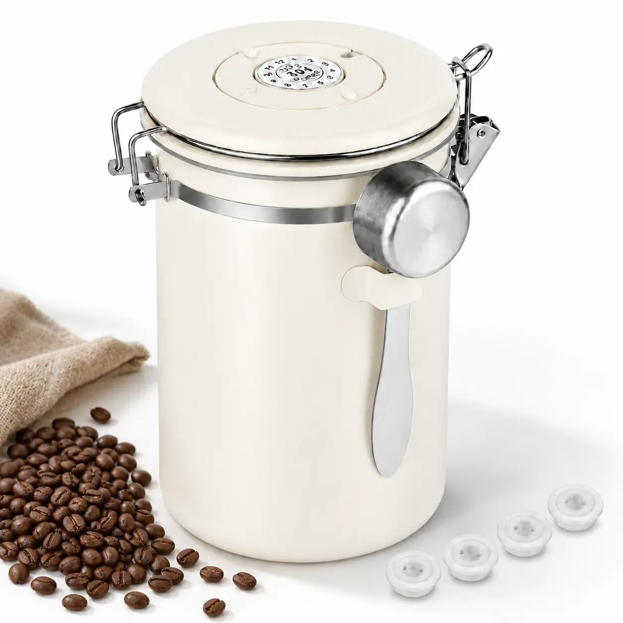 304 Stainless Steel Coffee Canister 22oz for Home Baristas, Airtight Seal, 1-Way CO2 Valve for Peak Bean Freshness, Date Tracker, 30ml Scoop