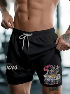 Men's Cross & Letter Print Shorts, 2-In-1 Drawstring Waist Design, Loose Fit with Pockets, Ideal for Summer, Anime Graphic Gift