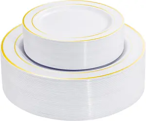 I00000 60 Pieces Gold Plastic Plates, Heavy Duty White and Gold Plastic Plates for 30 Guests Include: 30 Gold Rim Dinner Plates and 30 Gold Dessert Plates Perfect for Wedding & Party