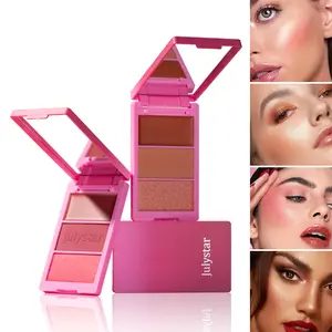 Cream Blush Highlighter Palette, Easy Blendable Formula, Lightweight, Natural Finish, High Pigmentation, Includes Mirror, 3-In-1 Makeup Set