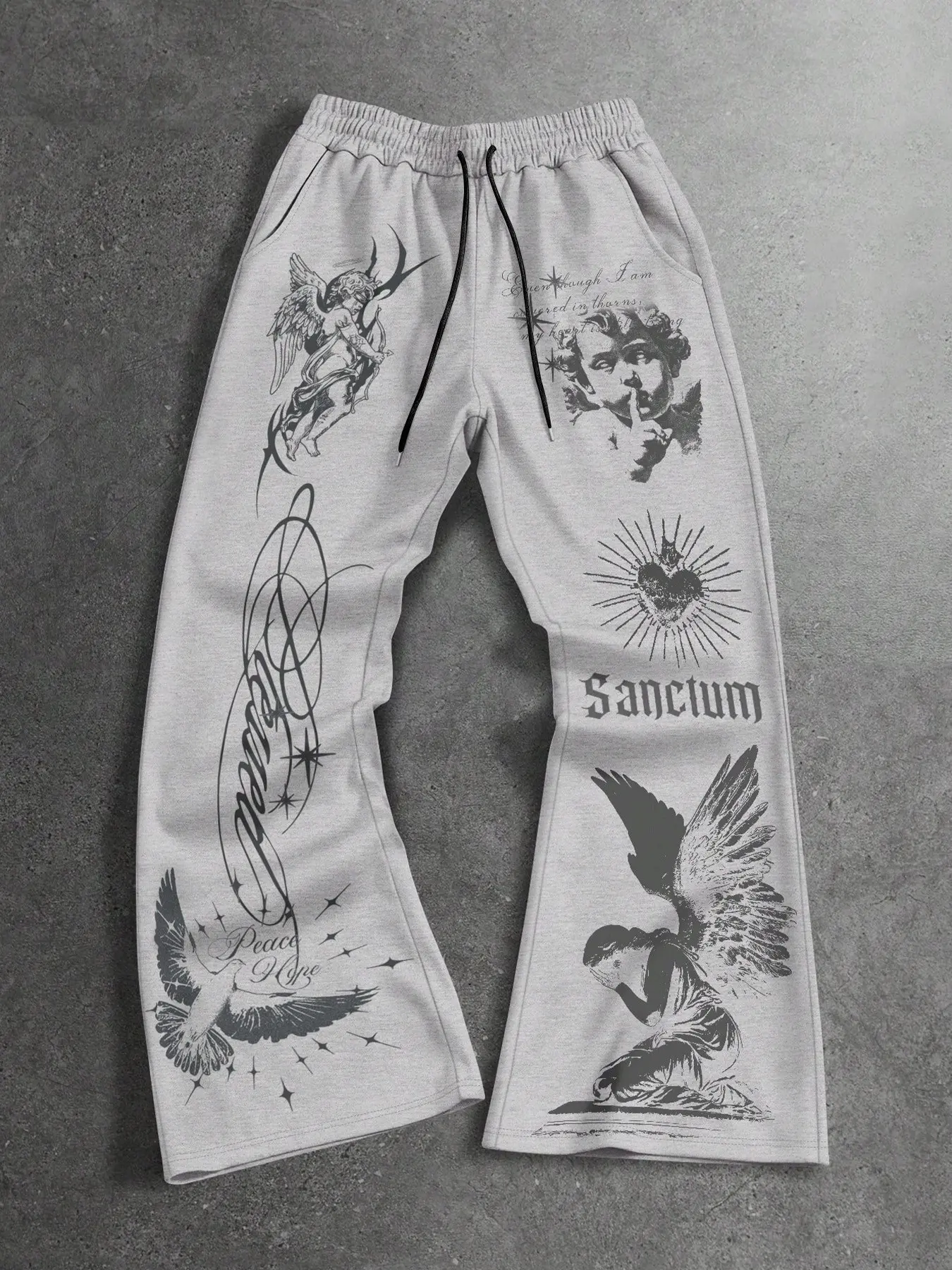 Men's Sanctuary Angel Print Flared Pants, Religious Street Style, Featuring Small Angels, Sacred Heart, Blessed Pattern, Spiritual Artistry