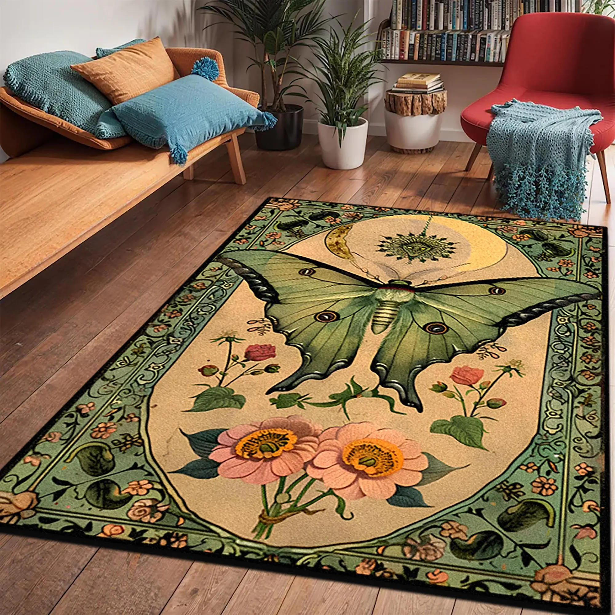 Vintage Butterfly & Flower Pattern Rug, Butterfly Area Rug, 1 Count Non-slip Soft Floor Mat, Decorative Carpet for Home Living Room Bedroom, Vintage Rugs, Unique Rugs, Floral Insect Rug, Anti Slip Rugs, Home Decor Accessories