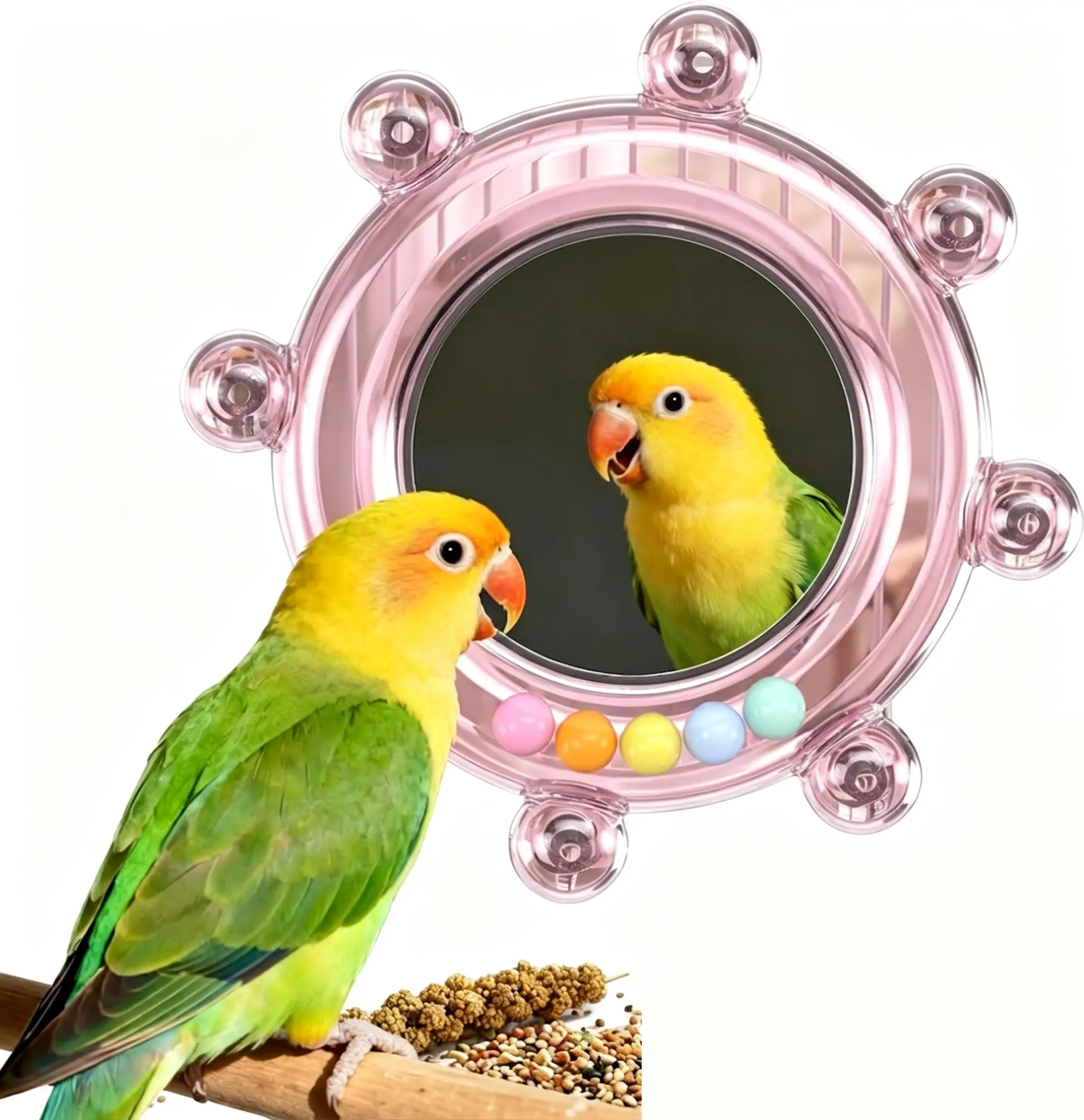 Parrot Spinning Mirror Toy – Interactive Bird Enrichment & Foraging Toy for Parrots, Cockatiels, Budgies, Conures, & Parakeets – Durable Mirror with Rattling Beads for Boredom Relief & Mental Stimulation