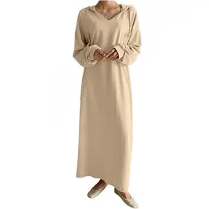 Women’s hooded maxi sweatshirt dress, long sleeves, loose fit, V-neck, essential for fall/winter daily wear, lounge style, super comfy, chic minimalist fashion womenswear