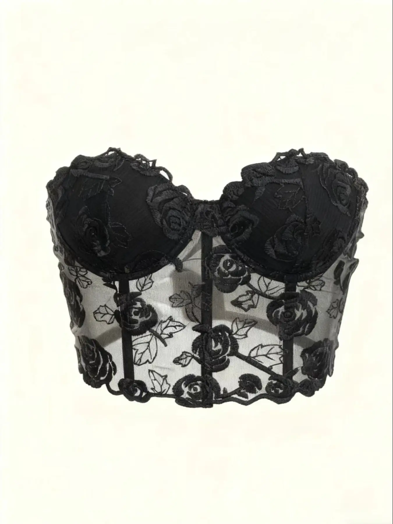 Women's Push Up Corset Padding Bra Top, Transparent Embroidery Floral Design, Steel Ring Support, Lace & Mesh Fabric, Fashionable Women's Clothing