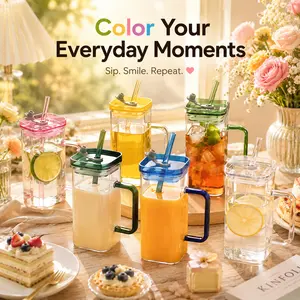 6 Pack Cute Square Glass Cups with Lid & Straw, 12oz Colorful Drinking Tumbler Set with Handle