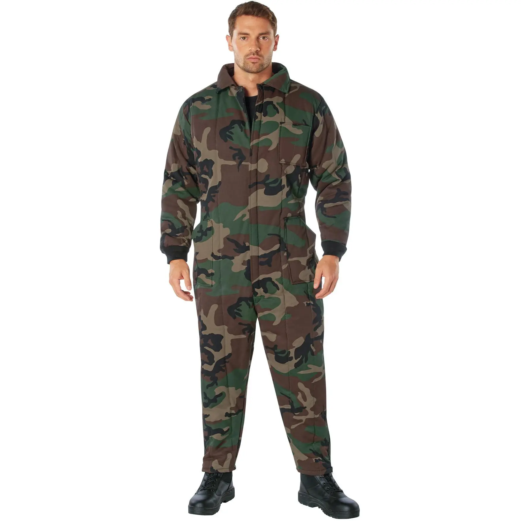 Men's Cold Weather Insulated Coveralls, Woodland Camouflage Polyester Cotton Uniforms for Outdoor Hunting, Nylon Lined, Menswear, Workwear, Pockets, Knit, Leg Zips, Full-Length