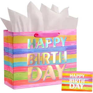 13" Large Birthday  Bag with Tissue Paper and Greeting Card - Colorful  Bag for , Women, or Mom's Birthday