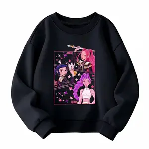 Girls' Cotton Crew Neck Anime Squad Graphic Sweatshirt - Y2K Style Fitted Cut Pullover for Teens, Medium Stretch Soft Fabric, Fleece Lined, Vibrant Character Art, School Fashion