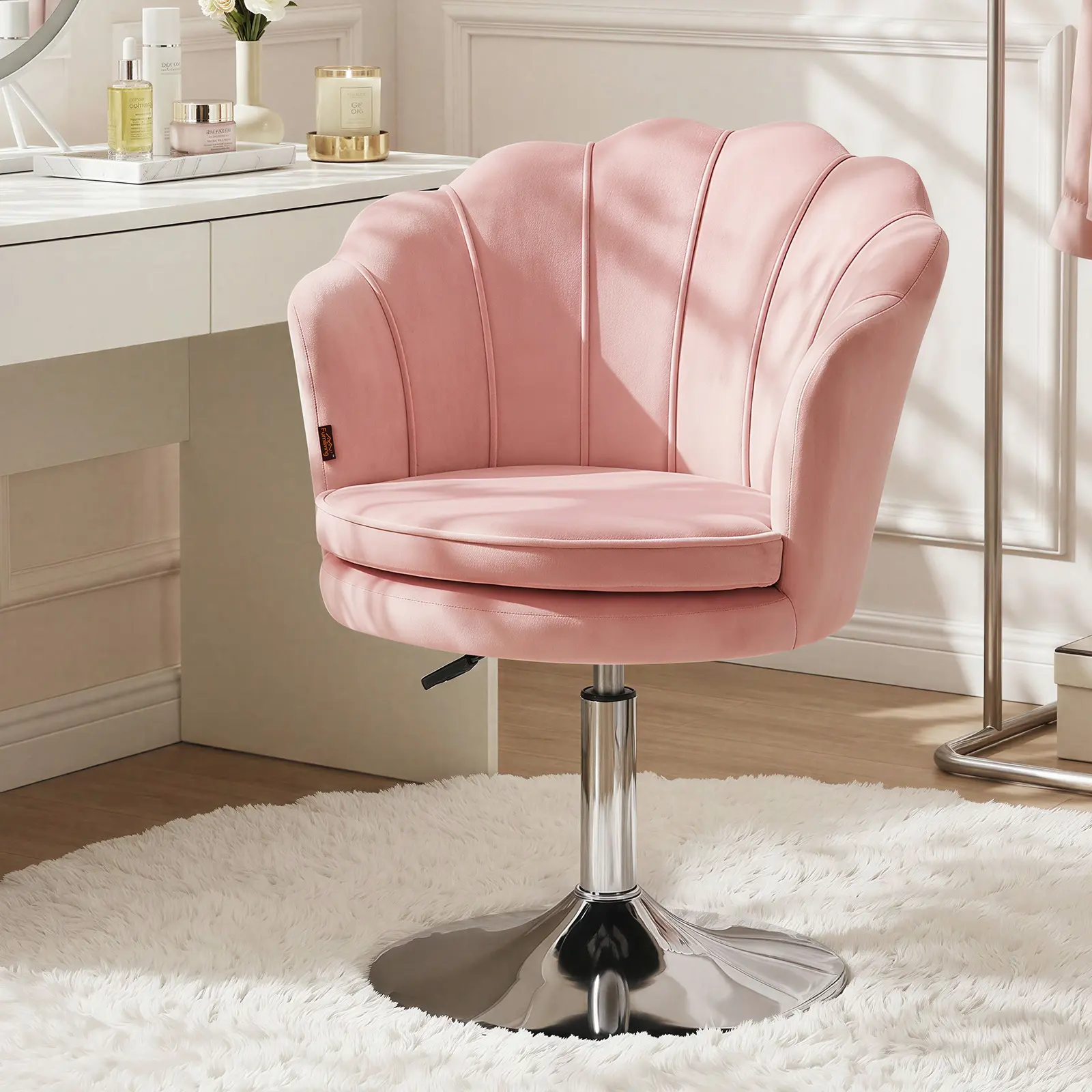 Cream Lotus Velvet Vanity Chair - Adjustable Height Swivel Bar Stool with Double-Layer Cushion, Ergonomic Wraparound Back for Bedroom Vanity Desk, Nail Salon
