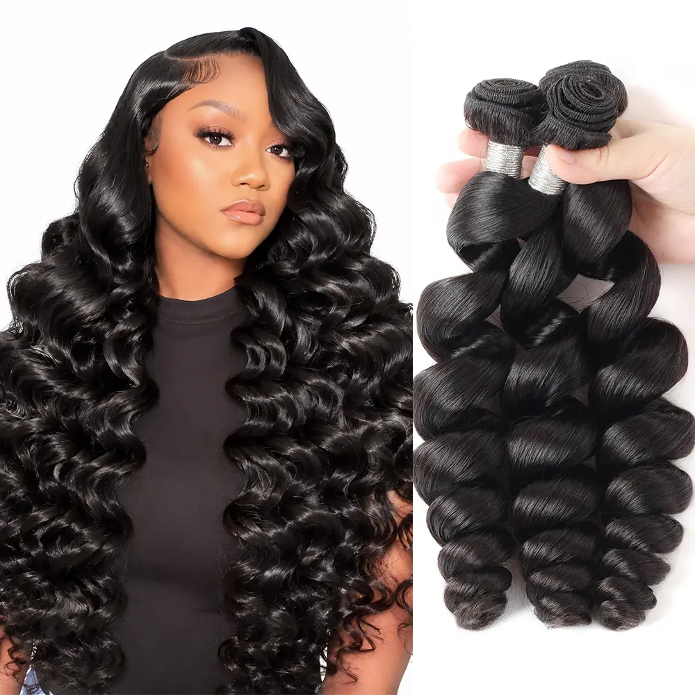 Loose Wave Bundles Sew in Brazilian Virgin Human Hair 3/4 Bundles Natural Black Loose Wave Hair Extension Quick Wave
