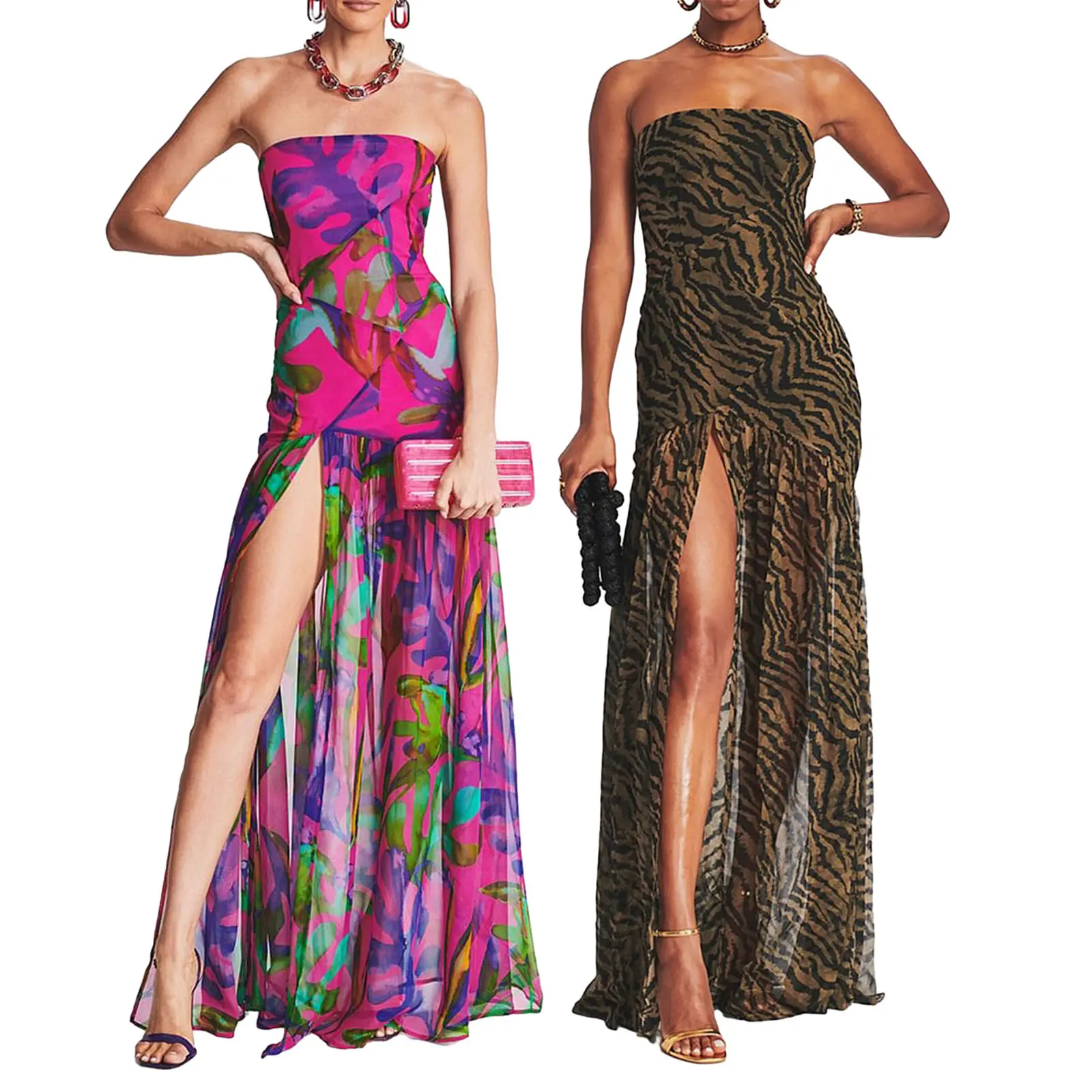 Women's Strapless Tropical Dress, Leopard Print Backless Maxi Gown with Mesh Patchwork and High Slit, Sleeve, Tube, Party Wear, Cheetah Print, Polyester, Lady, Sleeveless, Strapless Top, Going Out Outfit, Cold Wash Care, High Slit Cut