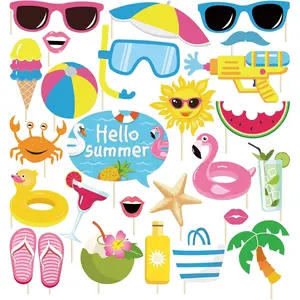 25 count Pool Photo Booth Props with Stick, Beach Summer Pool Party Decorations, Hawaiian Party Decorations Funny Selfie Photo Booth Props for Summer Hawaii Party Birthday