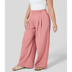 Halara High Waisted Plicated Side Pocket Wide Leg Flowy Casual Cotton Plus Size Pants
