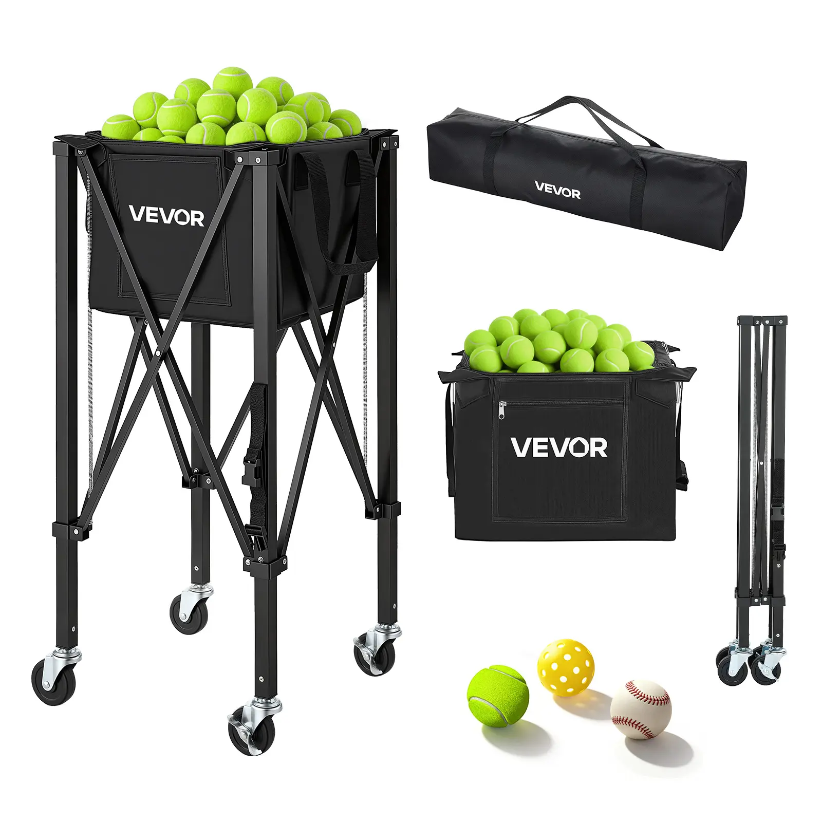 VEVOR Tennis & Pickleball Ball Hopper, Foldable Aluminum Cart with Reinforced X-Frame & Locking Brakes for Training Sessions, 120-Ball Capacity, Coaches, Durable, Dual Side Storage Pockets, Fold For Trunk Fit, Odorfree Ball Hold