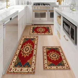 1/2/3Pcs Bohemian Kitchen Mats for Floor,Farmhouse Vintage Red Pattern Home Decor,Pineapple Texture Design Kitchen Rugs, Washable Non-Slip Floor Mat,Bathmat,Doormat.