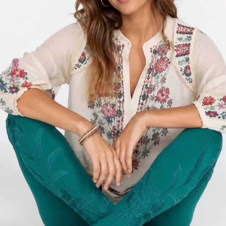 Johnny Was High-Rise Teal Libbi Tonal Embroidered Ponte Leggings size Lg