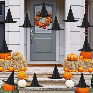 5pcs/6pcs/12pcs Halloween Black Witch Hats, Wizard Hats with Nylon Cord, Witch Costume Accessory Decorations, Floating Indoor Outdoor Hocus Pocus Decor Party Supplies, Halloween Decorations for Home Yard Porch Ceiling