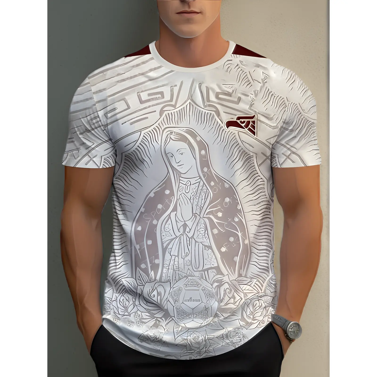 Men'S Light Brown Full Print T-Shirt Full Body And Catholic Icons (Rosary/Guadalupe Virgin), Casual Crew Neck Short Sleeve, Religious Clothing for Daily Wear And Faith Activities, Hand Washable, Plus Size
