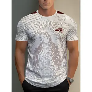 Men'S Light Brown Full Print T-Shirt Full Body And Catholic Icons (Rosary/Guadalupe Virgin), Casual Crew Neck Short Sleeve, Religious Clothing for Daily Wear And Faith Activities, Hand Washable, Plus Size