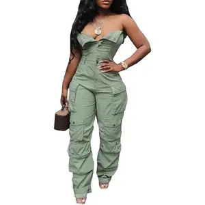 Women's Sexy Off Shoulder Tube Denim Cargo Jumpsuits Wide Leg Baggy Loose Jean Pants Rompers Overalls, green jumpsuit, suitable for clubs, parties, plus size women's clothing 5XL