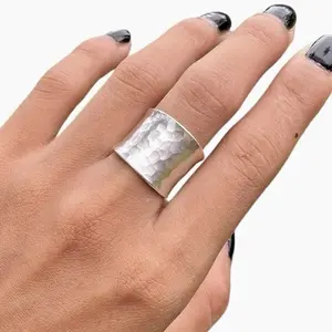 Hammered Handmade Wide Band Ring, Classic Shine Finish Wrap Band, Adjustable 6-12 Sizes, Thumb Ring Compatible, Gift-Ready Fashion Jewelry for Her