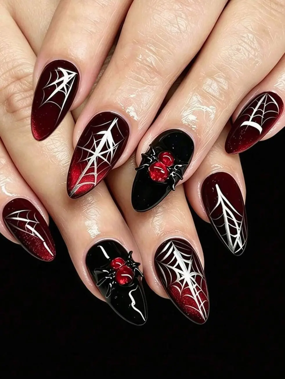 The V Model Press-On Nail Tips For Halloween 24 Pieces Feature A Dark Wine Red Cat's Eye Spider Web Spider Glitter Design. They Are Perfect For Women To Use As Nail Decoration Accessories When On Vacation Or In Daily Life.