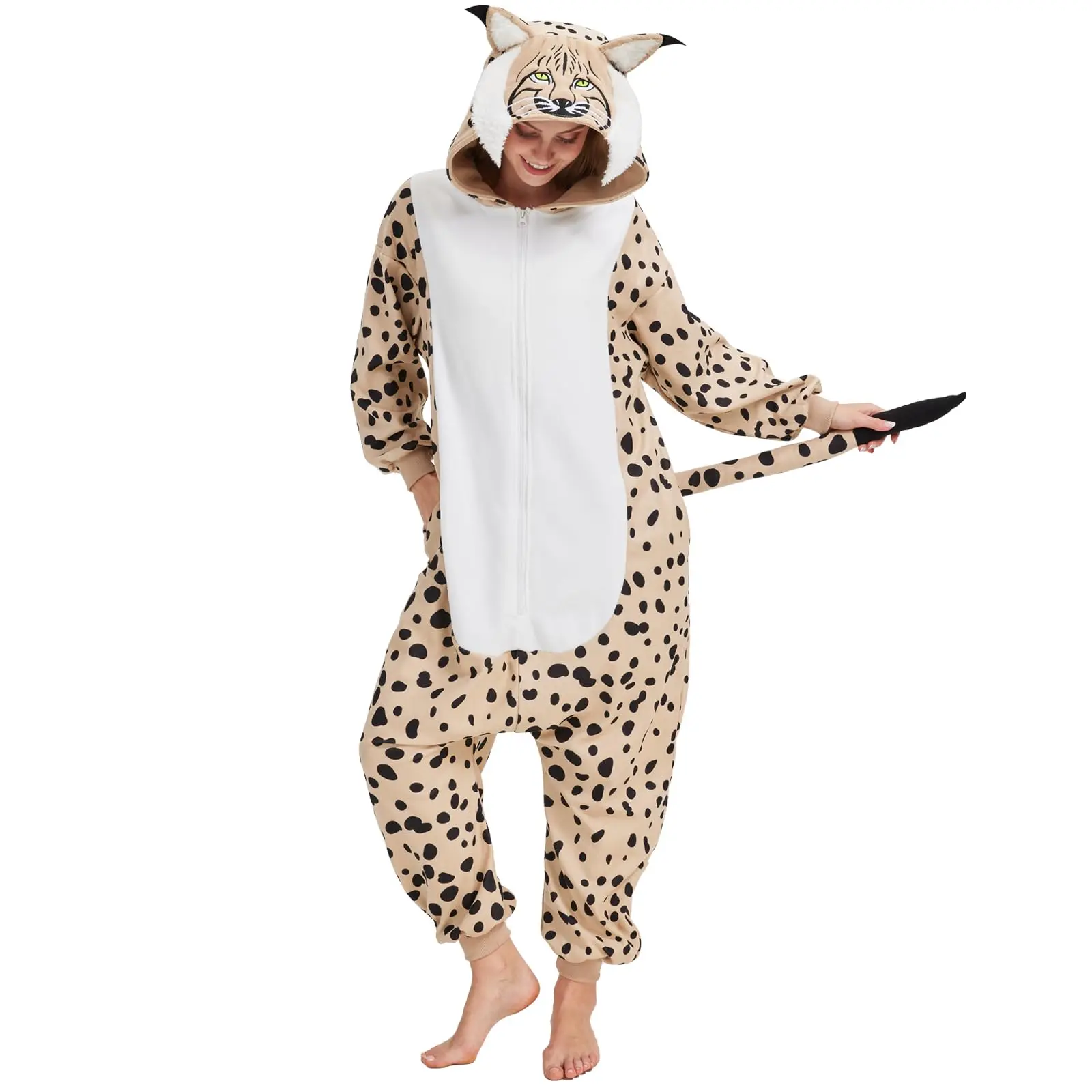 Women's Plush Knitted Onesie Sleepwear, Leopard Animal Print Hooded Costume for Halloween Cosplay, Plus Size Loungewear, Oversize, Casual, Animals, Long Sleeve, Baggy, Oversized, Comfortable, Piece, Classic, Polyester, Knitting, Deep V