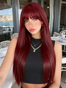 30-Inch 99J Red Wine Long Straight Synthetic Wig, Heat-Resistant Fiber, Adjustable Breathable Cap, Suitable for All Skin Tones, Daily Use/Party/Vacation/Cosplay
