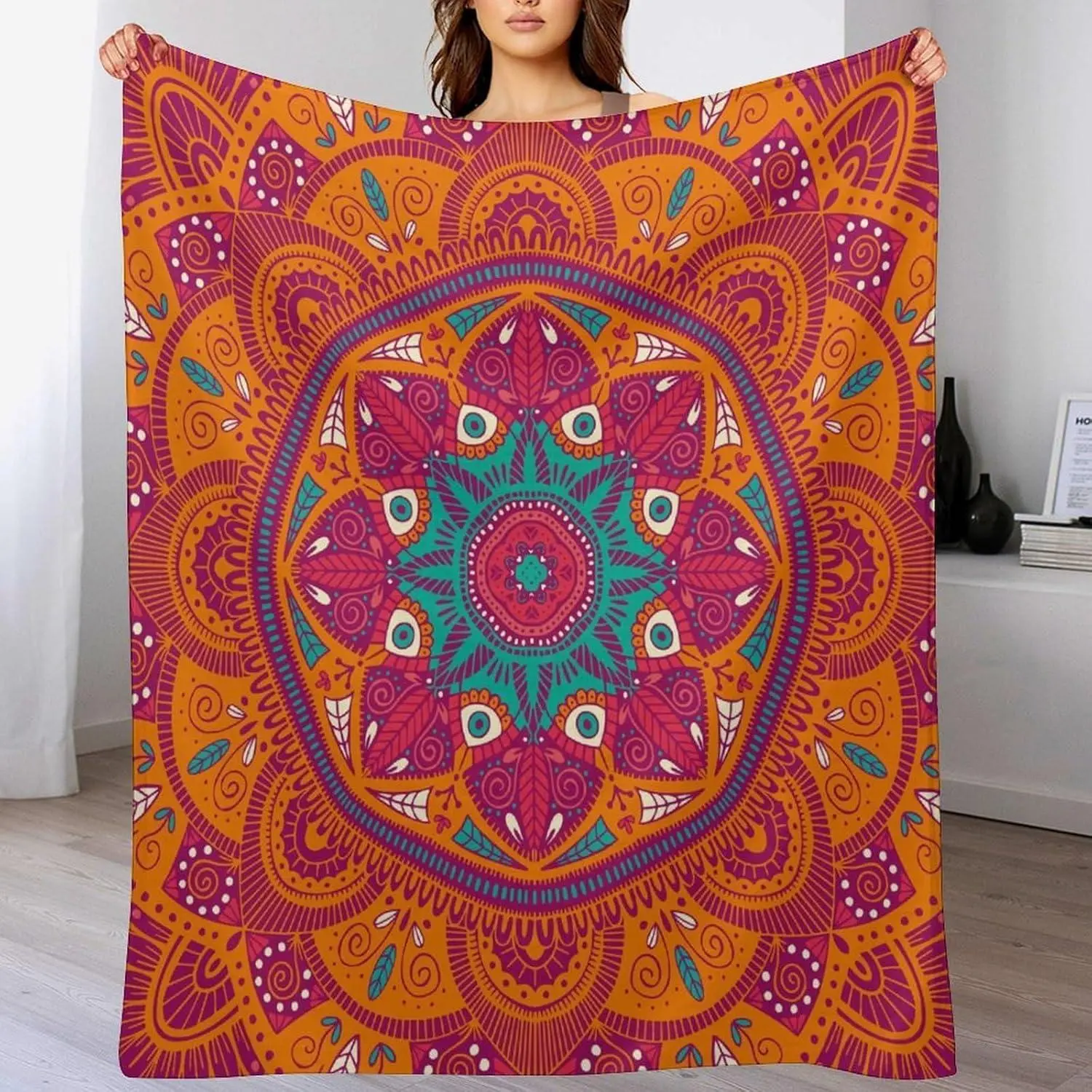 Mandala Throw Blanket - Indian Abstract Hippie Bohemian Art Floral Texture Pattern, Flower Boho Art Graphic Bohemian Style Colorful Afghan Blankets for Sofa, Bed, 50"x60", Flower Blankets