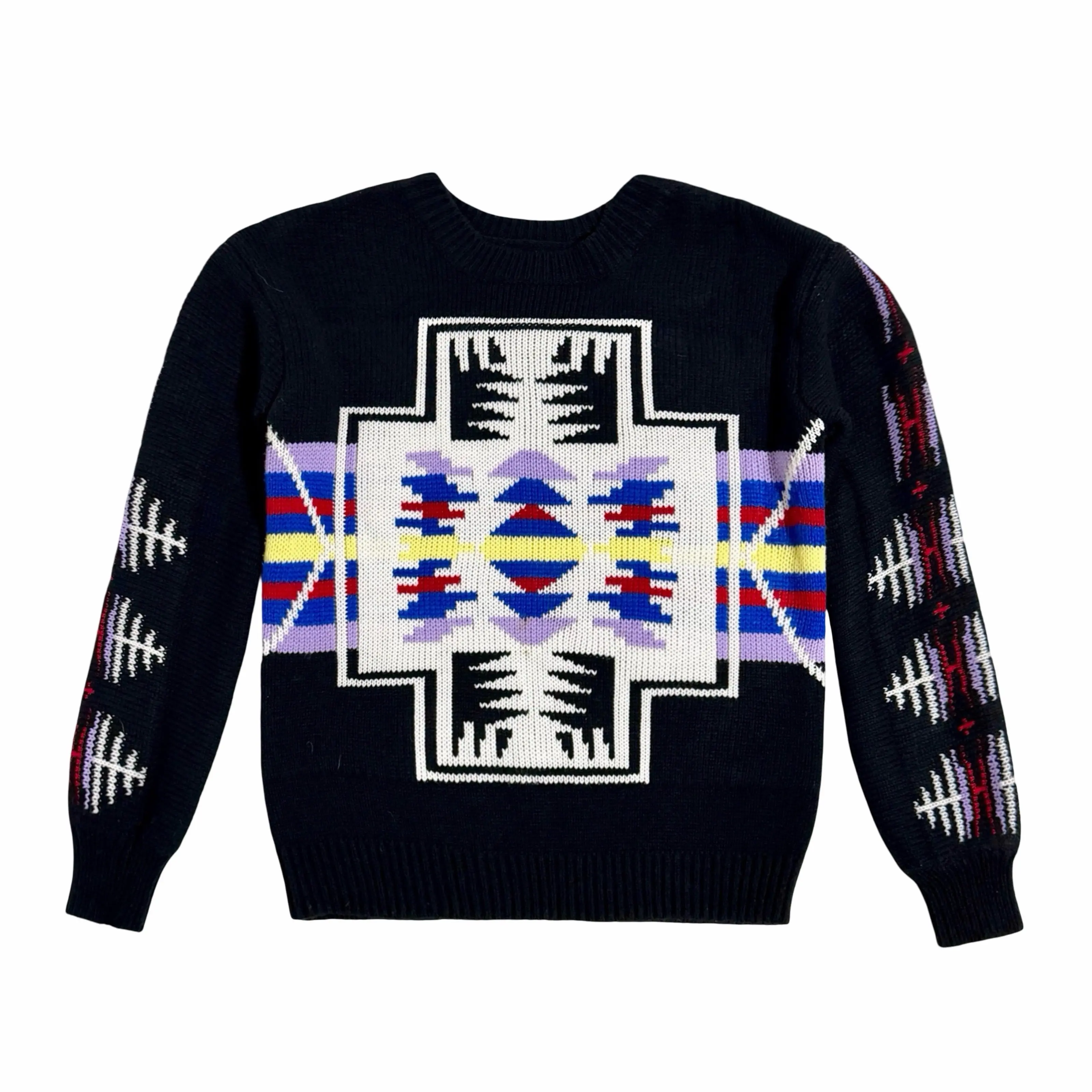1980'S PENDLETON MADE IN USA BLACK SOUTHWESTERN THUNDERBIRD PATTERN KNIT SWEATER LARGE