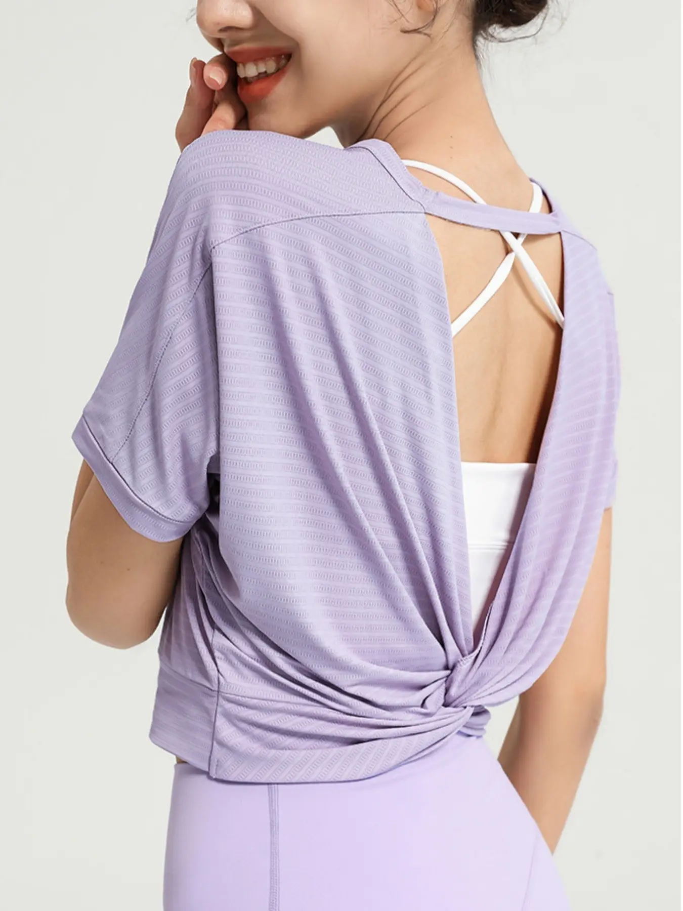 Women's Nylon Yoga Short Sleeve T-Shirt, Back Tie-Back Exposed Back Fitness Top, Athletic Tops, Sporty Loose-Fit, All Seasons, Multiple Colors Available, Athletic Tee, Athletic Apparel Tops