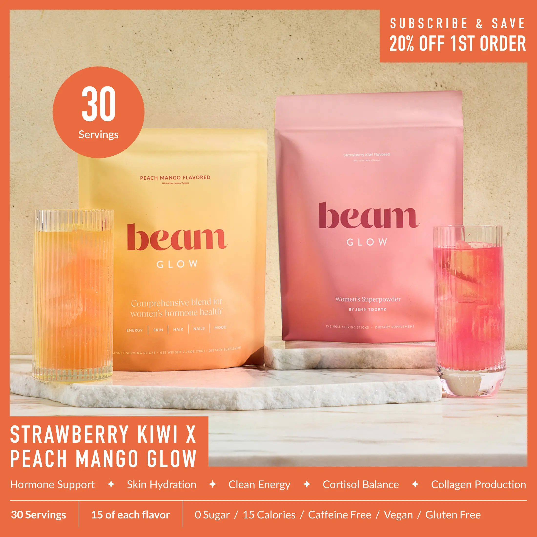 Beam Glow Limited Edition Peach Mango Beauty Dietary Powder Supaplement Superblend Duo-Trio Pack - 30 or 45 Servings (15 Servings per Flavor) Collagen Vitamin Drinks for Women’s Hormone Balance, Skin Care, Hair, Nail Support