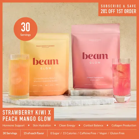 [Limited Edition] Beam Glow Women’s Wellness Drink Mix Duo/Trio Pack – Peach Mango, Hormone Balance & Beauty Support, Sugar Free, Caffeine Free, 15 Calories, 30–45 Servings