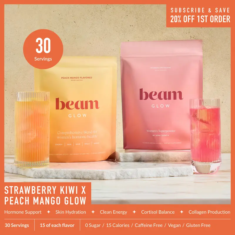 [Limited Edition] Beam Glow Women’s Wellness Drink Mix Duo/Trio Pack – Peach Mango, Hormone Balance & Beauty Support, Sugar Free, Caffeine Free, 15 Calories, 30–45 Servings